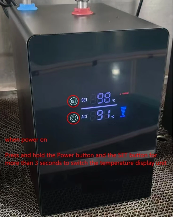Under-sink hot water tank switching between Celsius C and Fahrenheit F displays Under-sink hot water tank switching between Celsius C and Fahrenheit F displays